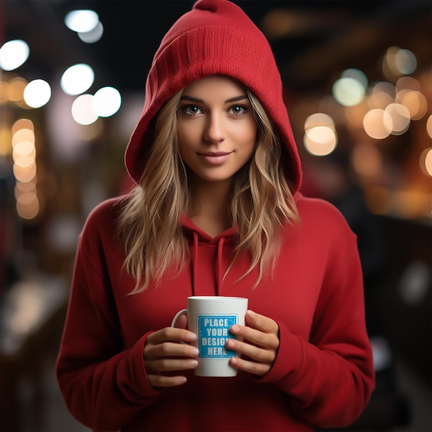 Mujer sosteniendo una maqueta de taza