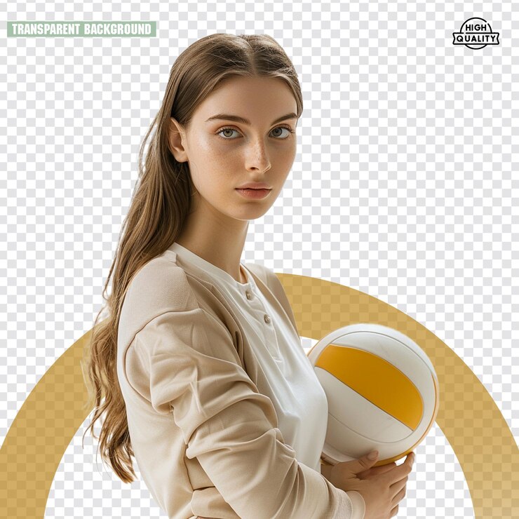 PSD una mujer sosteniendo una pelota de voleibol con las palabras la palabra en él