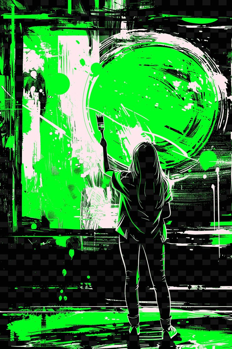 PSD mujer sosteniendo un pincel con un estudio de arte en el fondo diseños de fondo de póster png