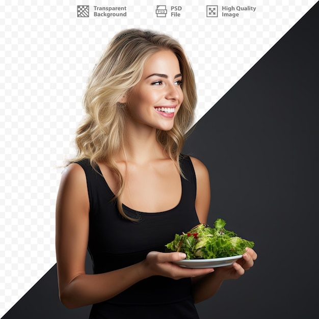 PSD una mujer sosteniendo un plato de brócoli y un plato de ensalada.