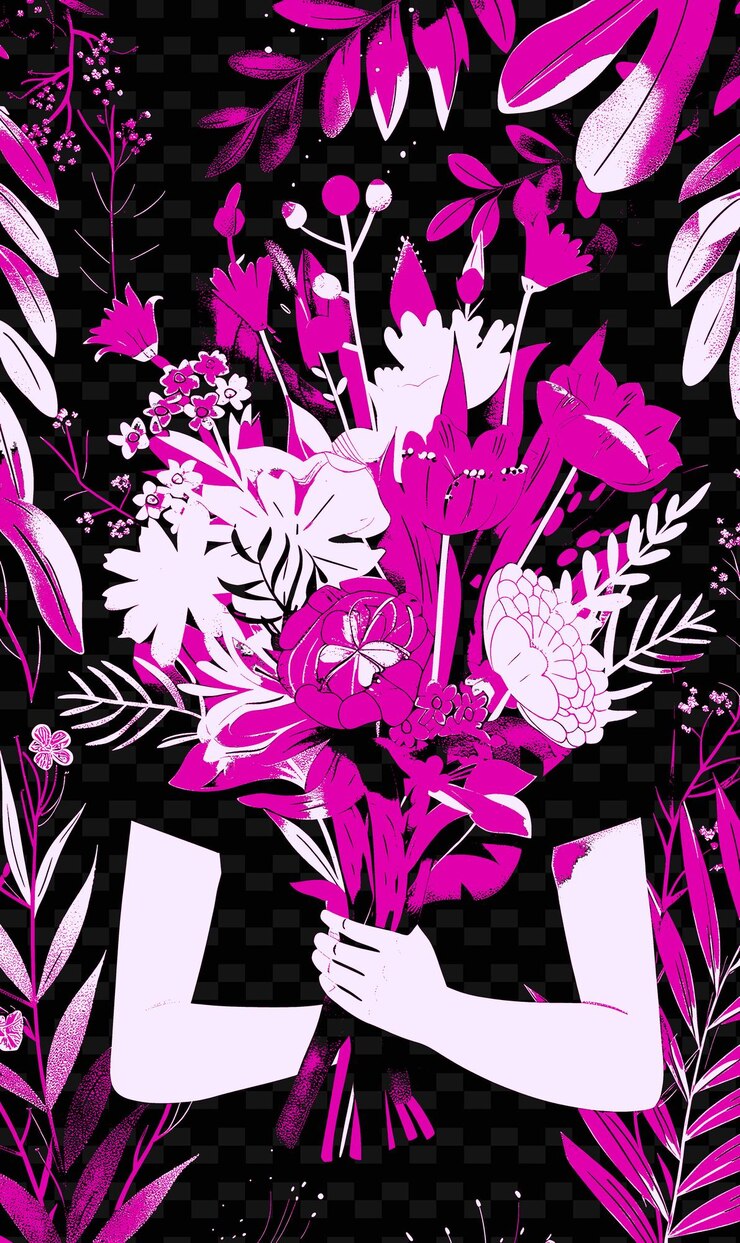 PSD mujer sosteniendo un ramo de flores con un jardín en la parte de atrás diseños de fondo de cartel de png