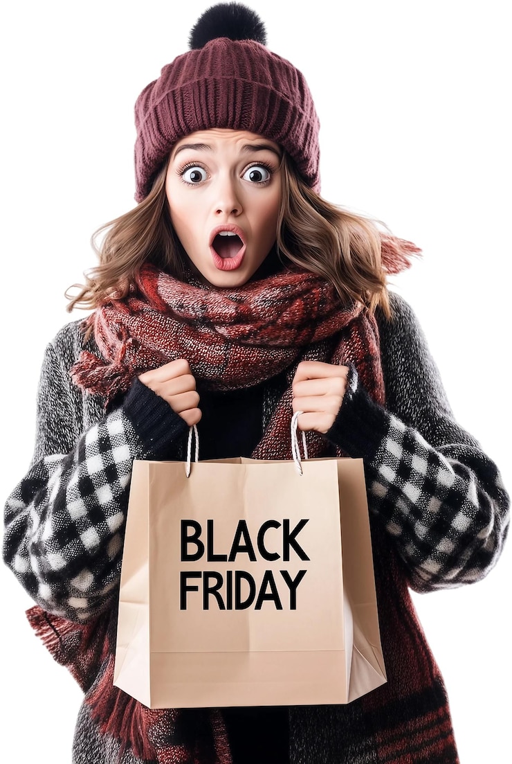 PSD mujer sostiene una bolsa de compras con texto negro viernes expresión facial sorprendida png transparente