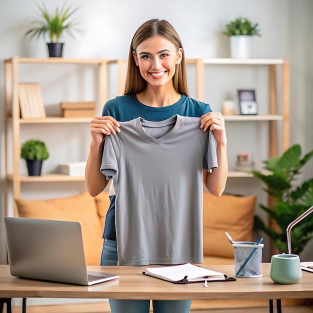 una mujer sostiene una camisa que dice que la está sosteniendo