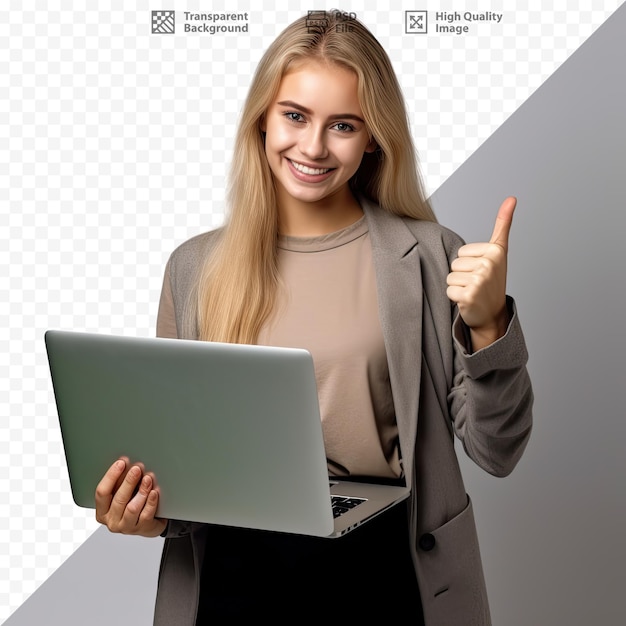 PSD una mujer sostiene una computadora portátil y hace un gesto con el pulgar hacia arriba
