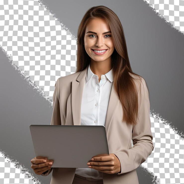 PSD una mujer sostiene una computadora portátil con una imagen de una mujer sosteniendo una computadora portable.