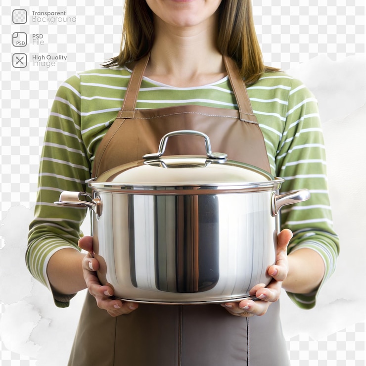 PSD una mujer sostiene una gran olla de plata