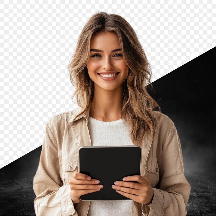 PSD una mujer sostiene una tableta con un fondo negro y las palabras la palabra en él