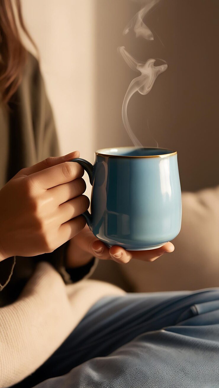 PSD una mujer sostiene una taza de café con las palabras el café en la maqueta lateral
