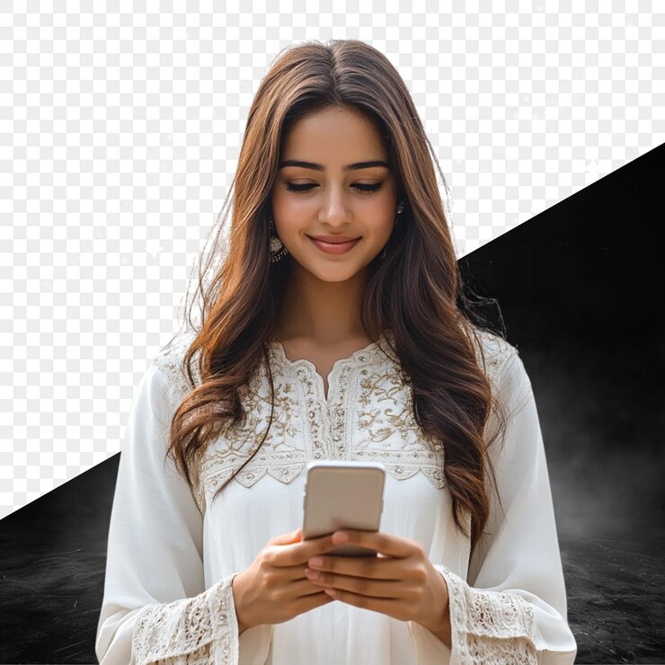 PSD una mujer sostiene un teléfono y la pantalla está hecha por una foto de una chica