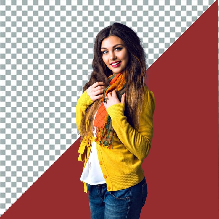 una mujer con un suéter amarillo con un fondo rojo que dice que está usando un suéter Amarillo
