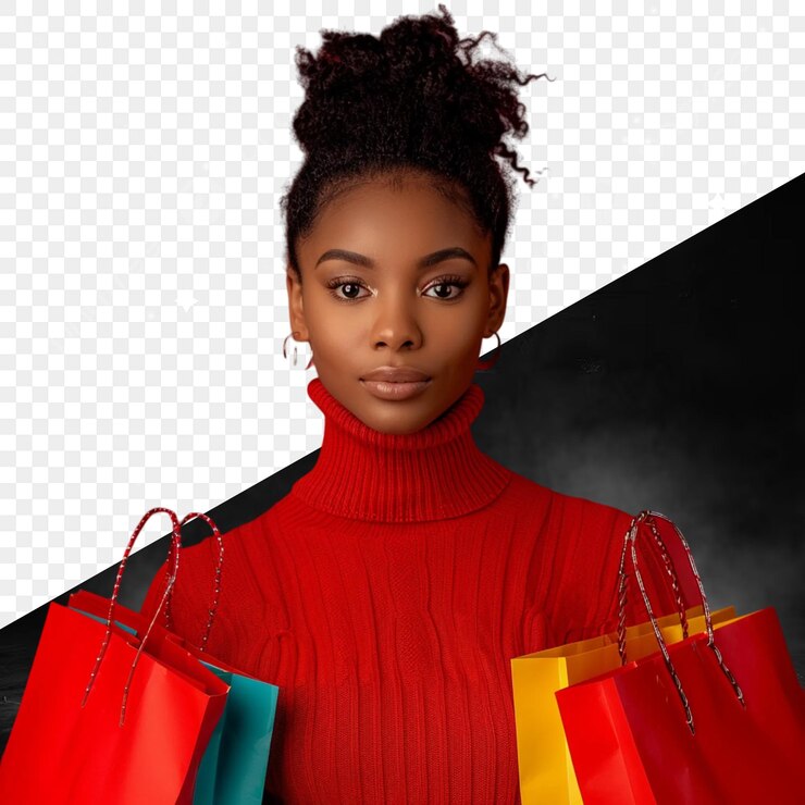 PSD una mujer con un suéter rojo y un montón de bolsas de compras coloridas