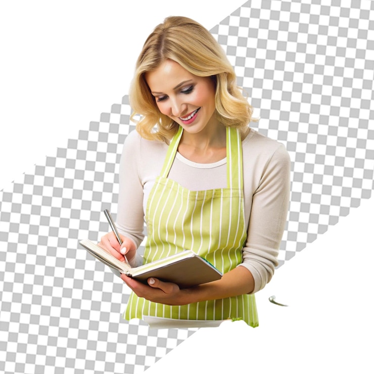 PSD mujer con tableta en cocina