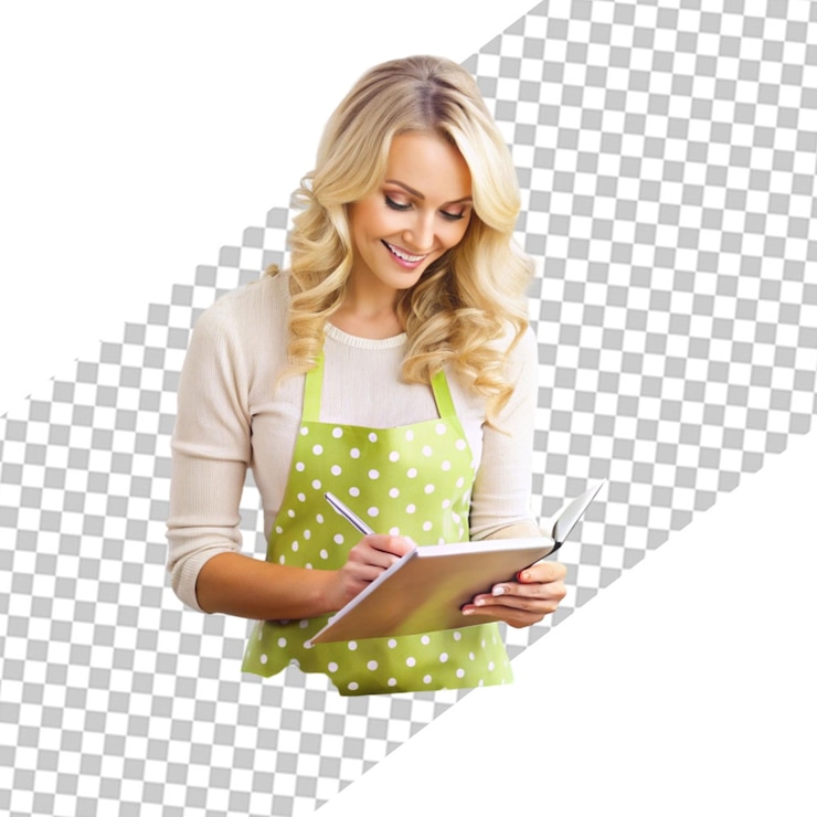 PSD mujer con tableta en cocina