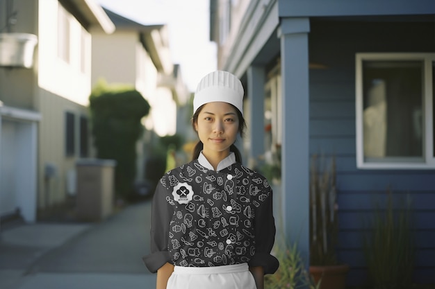 PSD mujer de talla media con uniforme de chef japonés