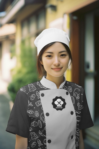 PSD mujer de talla media con uniforme de chef japonés