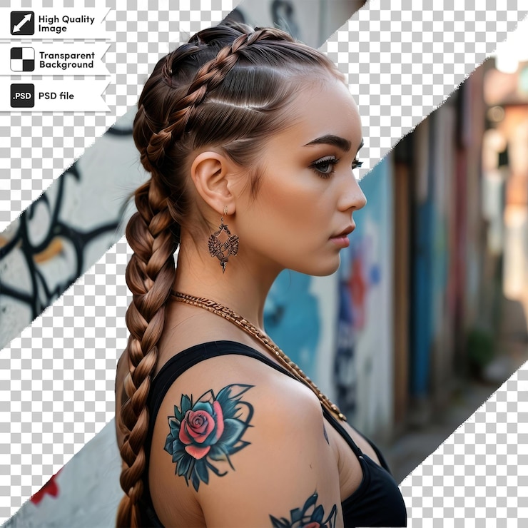 PSD una mujer con un tatuaje en el brazo y una flor en el hombro