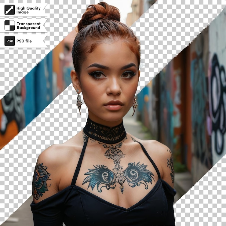 PSD una mujer con un tatuaje en el brazo y la palabra "emblazone" en la parte inferior