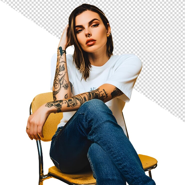 PSD una mujer con tatuajes en el brazo se sienta en una silla con un tatuaje en el brazo