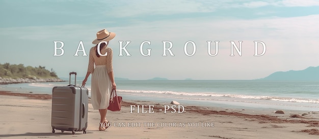 PSD mujer tirando de la maleta y usando un sombrero de pie frente a la hermosa playa