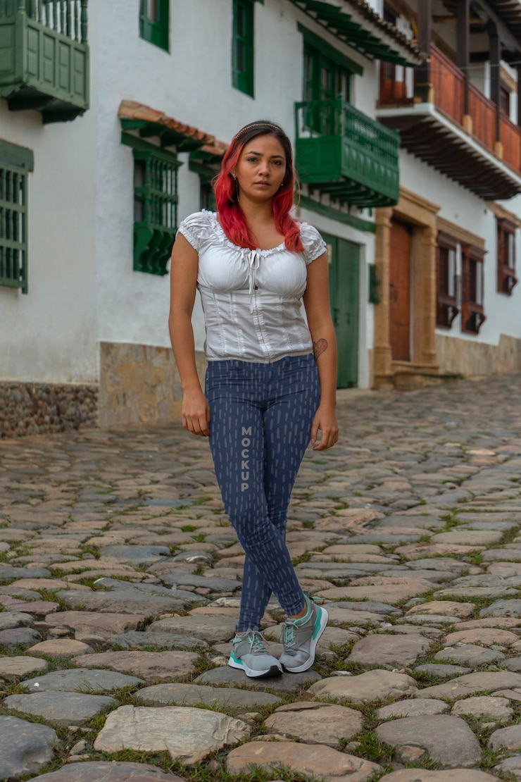 PSD mujer de tiro completo con pantalones de moda
