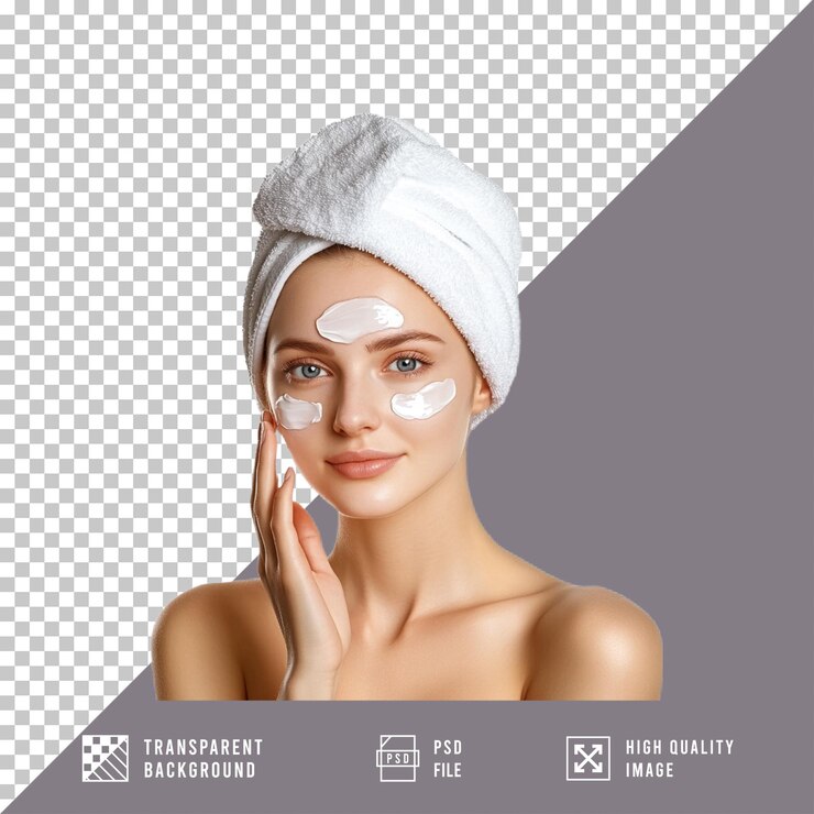 PSD una mujer con una toalla en la cabeza aplica crema facial de fondo transparente