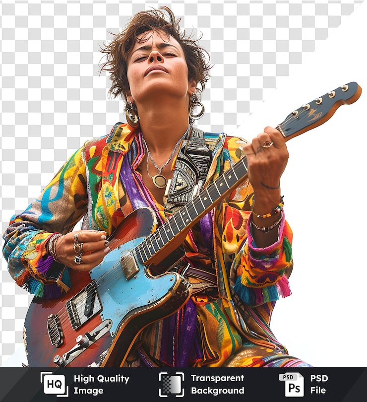 PSD mujer toca la guitarra eléctrica con ropa de colores imagen aislada de instrumento musical y pasión
