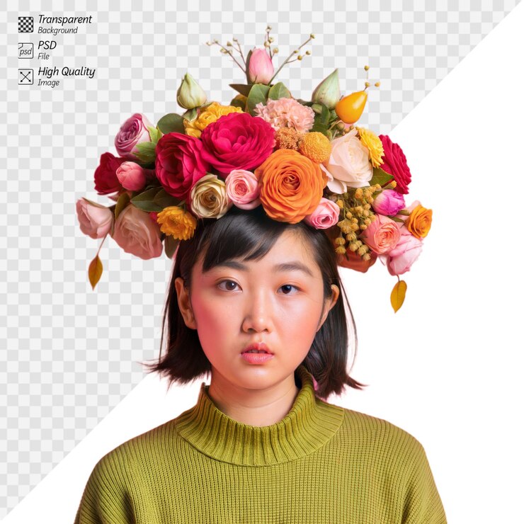 PSD mujer con un tocado floral vibrante en un fondo transparente
