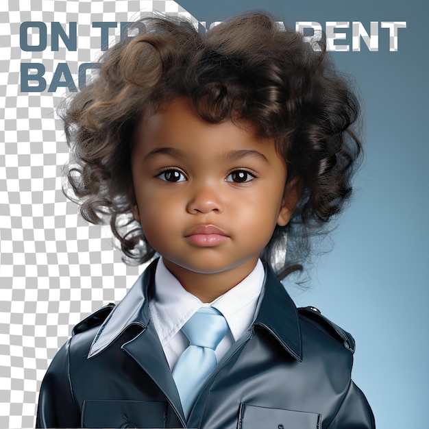 PSD una mujer toddler ansiosa con cabello ondulado de la etnia afroamericana vestida con traje de taxista posa con un cuello de chaqueta contra un fondo azul pastel