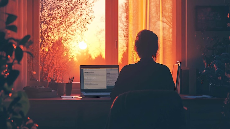 PSD mujer trabajando en casa al atardecer la cálida luz dorada fluye a través de la ventana