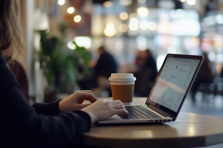 PSD mujer trabajando en una computadora portátil en un café