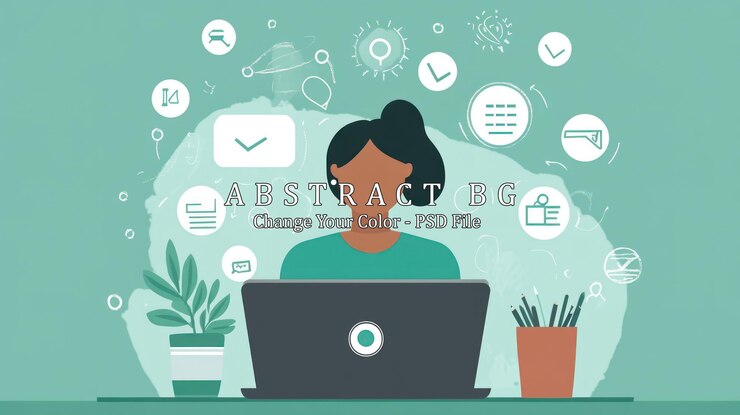 PSD mujer trabajando en una computadora portátil con iconos a su alrededor