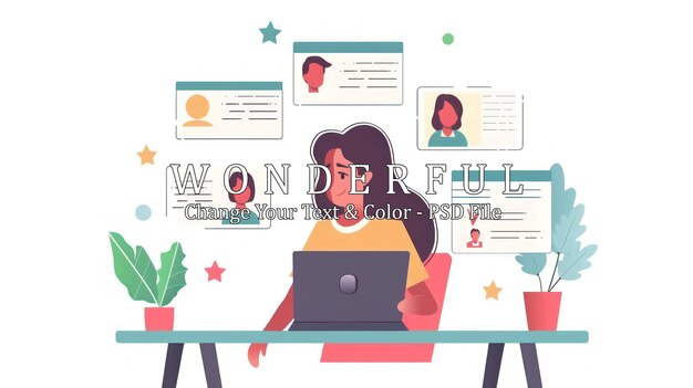 Mujer trabajando en una computadora portátil con perfiles en la pantalla
