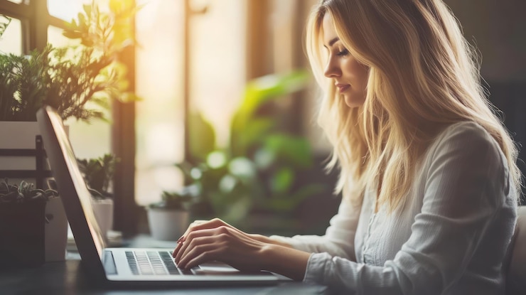 PSD mujer trabajando en una computadora portátil