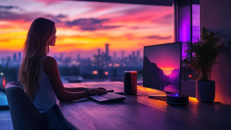 PSD mujer trabajando en un escritorio con una vista del horizonte de la ciudad al atardecer