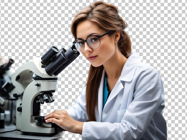 Mujer trabajando en el laboratorio con un microscopio