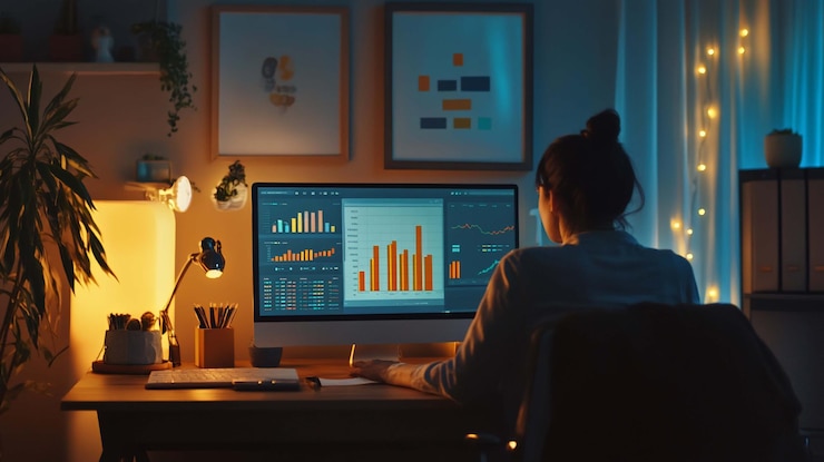 PSD mujer trabajando tarde en la noche en la computadora con gráficos y gráficos mostrados en la pantalla
