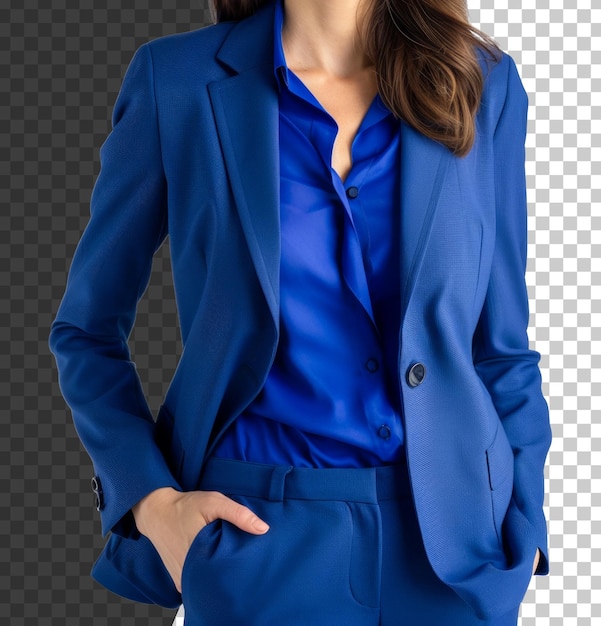 PSD una mujer con un traje azul y una camisa azul posa para una foto png