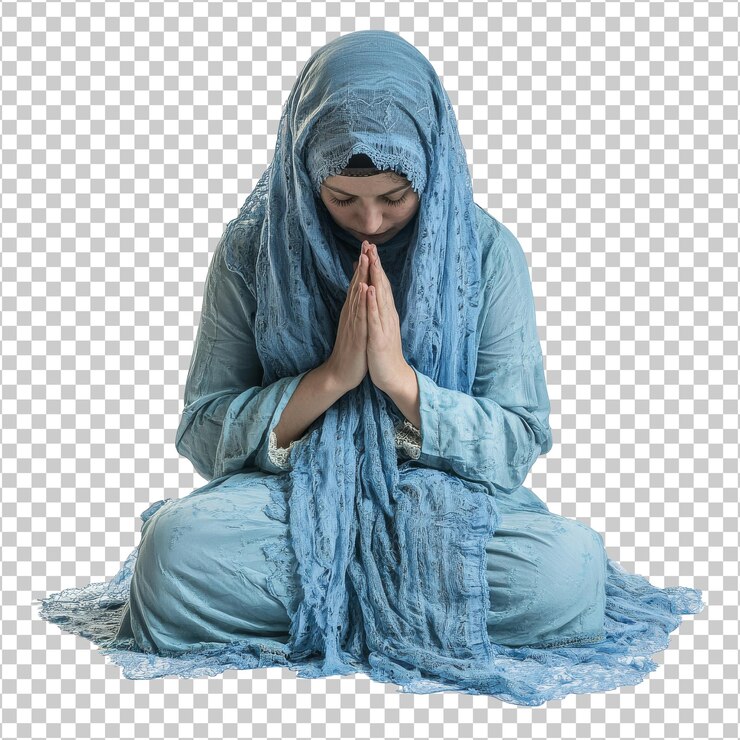 PSD mujer con traje azul practicando la oración de meditación