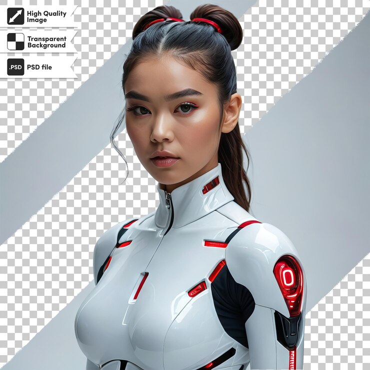 PSD una mujer en un traje blanco con un logotipo rojo y negro en él