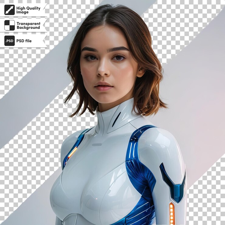 PSD una mujer en un traje blanco con la palabra robot en él