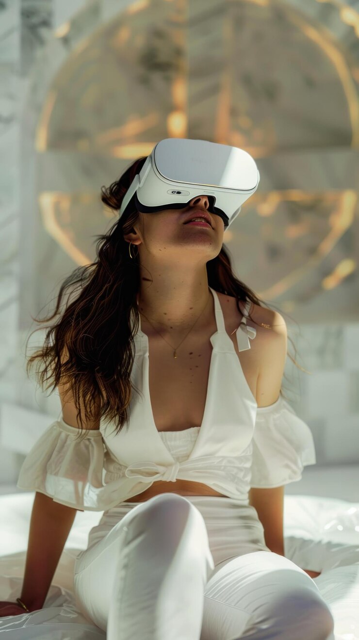 PSD mujer con traje blanco usando auriculares vr mirando hacia arriba
