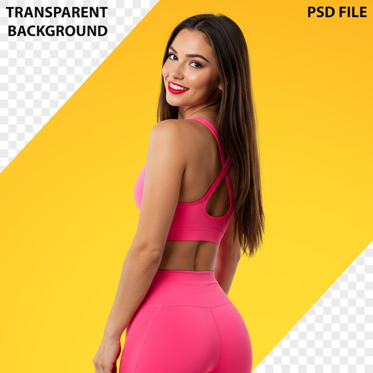PSD mujer con traje de fitness rosa posando contra un telón de fondo amarillo