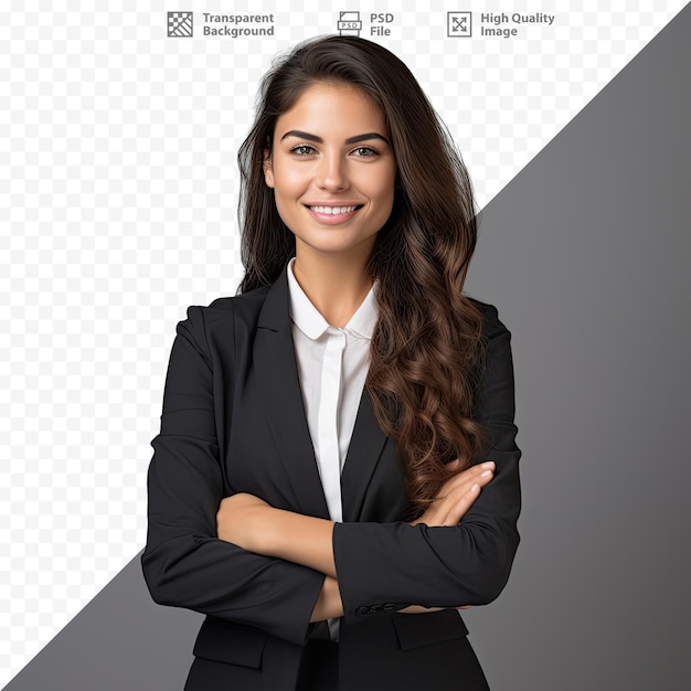 PSD una mujer con traje se para frente a un logotipo de la empresa.