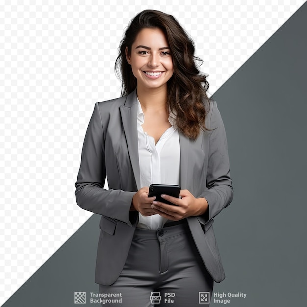 PSD una mujer con traje gris sostiene un teléfono frente a una foto de una mujer.