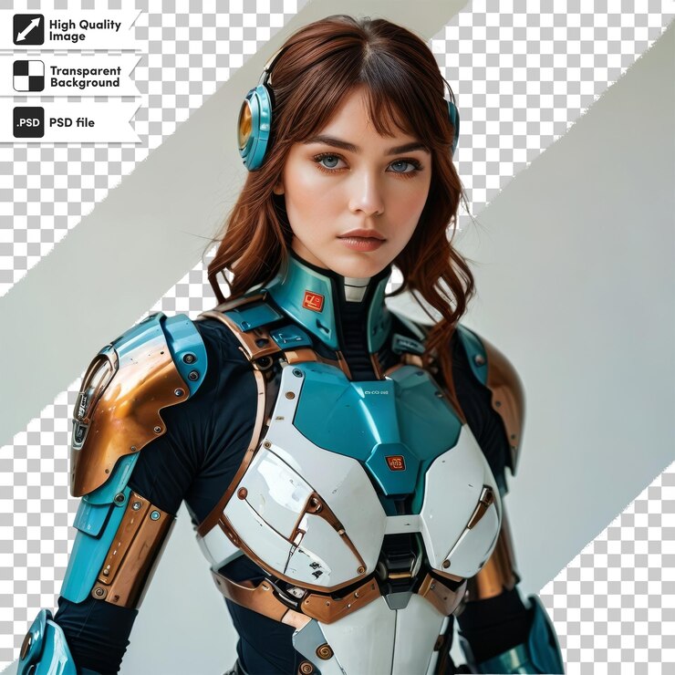 PSD una mujer en un traje de robot con la palabra robot en él