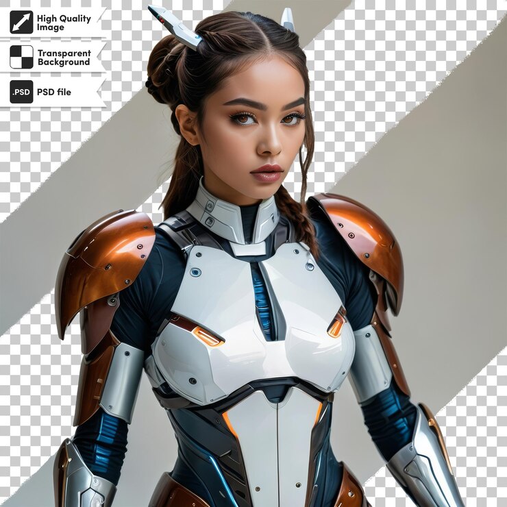 PSD una mujer en un traje de robot con la palabra robot en él