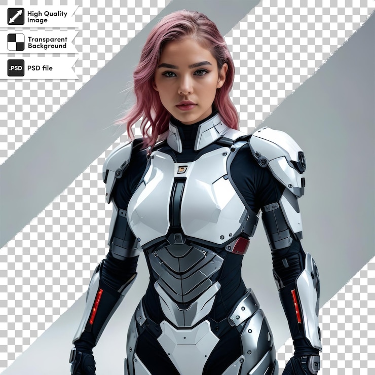 PSD una mujer en un traje de robot de pie frente a una pantalla de computadora