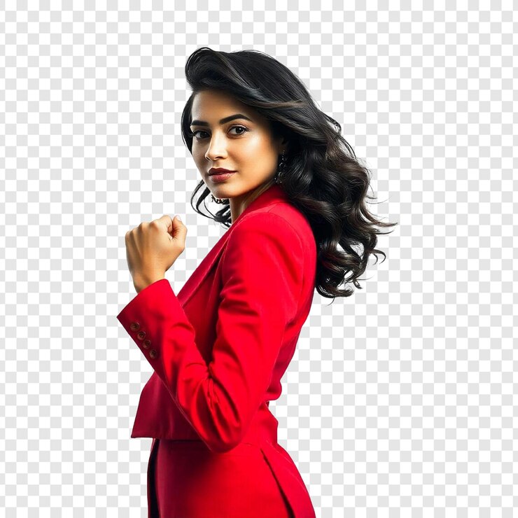 PSD una mujer en un traje rojo con una chaqueta roja en un fondo transparente