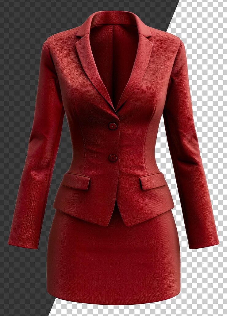 PSD una mujer con un traje rojo y una falda roja stock png