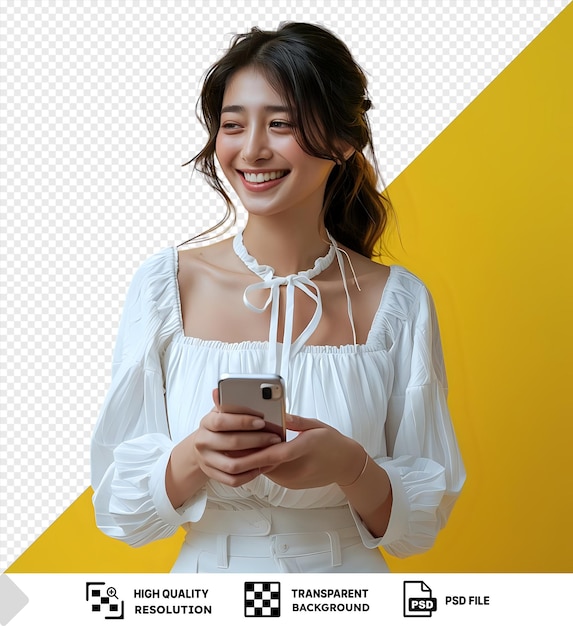 una mujer transparente en blusa blanca con un teléfono en las manos mirando feliz png psd